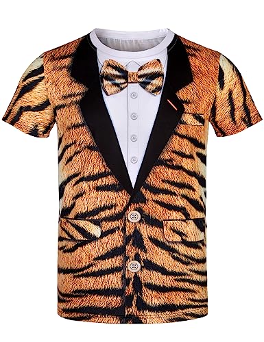 Funny World Tiger Print Tuxedo T-Shirts for Men, Large, Orange