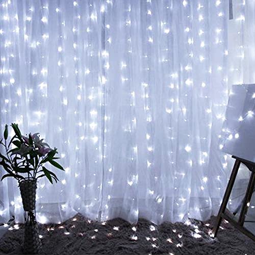 Dazzle Bright Curtain String Lights, 300 LED 9.8ft x 9.8ft 8 Lighting Modes Fairy Lights USB Powered, Waterproof Lights for Christmas Party Wedding Outdoor Indoor Wall Decorations (White)