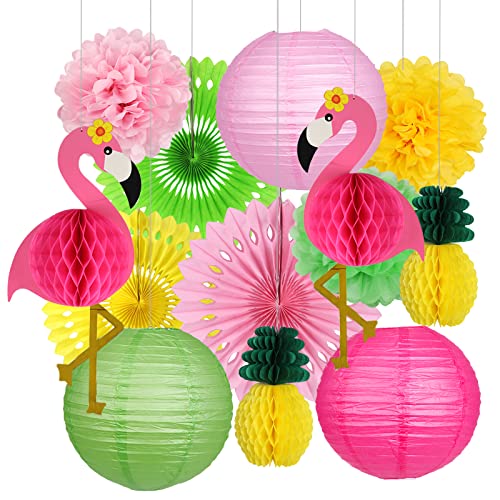 YUNXUAN Flamingo Party Supplies, Hawaiian Party Decorations Flamingo and Pineapple Honeycomb Ball Paper Lanterns Paper Fans Pom poms Flowers for Birthday Luau Tropical Bachelorette Party