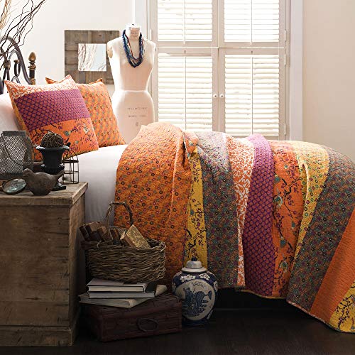 Lush Decor Royal Empire Reversible Cotton Quilt Set - 3 Piece Striped Bedding Set - Bold & Colorful Bohemian Patterns - Soft Cotton Feel - King, Tangerine