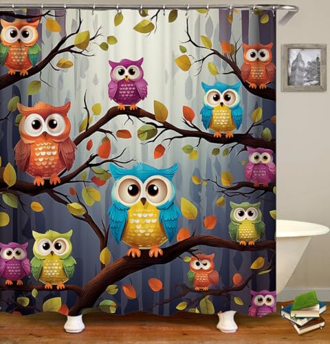 KEYAO DECOR Shower Curtains Set, Cartoon Owl Standing on The Branch Cute Animal, Designer Print Polyester Decorative Cloth, Bathroom Curtains with 12 Hooks(72x72 Inch)