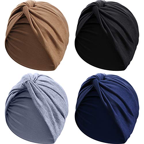 SATINIOR 4 Pieces Turbans for Women Soft Pre Tied Knot Fashion Pleated Turban Cap Beanie Headwrap Sleep Hat, 4 Colors