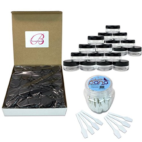 Beauticom 5g/5ml (0.18 Fl Oz) Round Clear Plastic Jars with Round Top W/White Spade Shaped Plastic Spatulas for Cosmetic and Beauty Samples (Jar Color: Black Lid, Quantity: 50 Jars, 50 Spatulas)