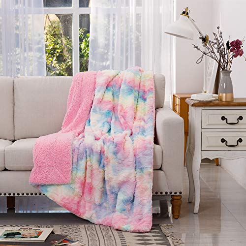 COCOPLAY W Faux Fur Throw Blanket, Super Soft Fuzzy Lightweight Luxurious Cozy Warm Fluffy Plush Sherpa Rose Pink Rainbow Microfiber Blanket for Bed Couch Living Room (Pink Rose, Throw(50'x65'))