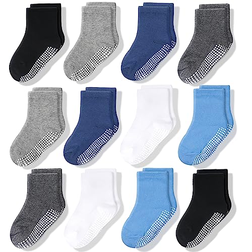 CozyWay Non-Slip Crew Grip Toddler Socks, 6 Pack for Boys, Black/Blue/Light Blue/Gray, 1-3 Years Old