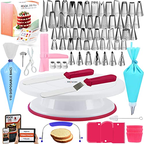 Gift For Women-Cake Decorating Supplies Kit for Beginners RFAQK 200PCs - Turntable with 48 Numbered Piping &7 Korean Tips(Pattern chart included)-Straight & Offset Spatula-Leveler &Baking tools
