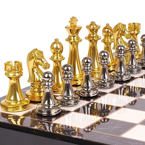 Metal Chess Set for Adults and Kids – Marbling Chess Board with Chess Pieces – Travel Chess Sets with Extra Queens with zinc alloy Metal Pieces – Ideal for Beginners and Professional Players