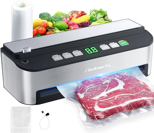 Vacuum Sealer Machine, Beelicious 85KPA Fully Automatic 8-IN-1 Food Sealer with Bags Storage, Build-in Cutter, Moist Mode and Air Suction Hose | Digital Countdown | Sous Vide