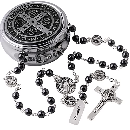 HanlinCC 6mm Hematite Stone Black Beads Catholic Saint Benedict Rosary Necklace for Men and Boy with St.Benedict Center Piece and Crucifix with Metal Gift Box