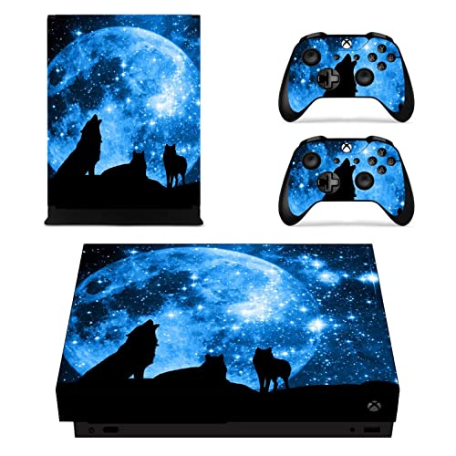 ZOOMHITSKINS Compatible for Xbox One X Skin, Xbox One X Controller Skin and Console Skin, Blue Sky Moon Lone Wolf Pack Black Animals Night, Durable & Fit, 3M Vinyl, Easy to Install, Precise Cut-Outs