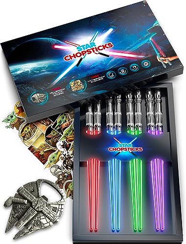 STAR CHOPSTICKS | FREE BOTTLE OPENER | 4 PAIRS DARK BOX | Lightsaber Chopsticks | Star Gifts and Toys for Kids | LED Light Up Reusable Safe Chopstick (4 PAIRS SET NEW)