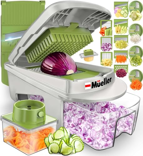 Mueller Pro-Series All-in-One, 12 Blade Mandoline Slicer for Kitchen, Food Chopper, Vegetable Slicer and Spiralizer, Dicer, Cheese Grater, Cooking Gadgets with Container, White Sand/Green