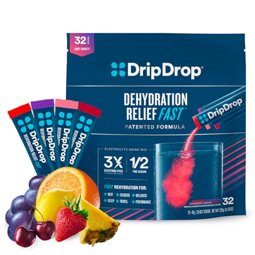 DripDrop Hydration Juicy Variety Pack Electrolyte Drink Mix Single-Serve Powder Packets- Grape, Fruit Punch, Strawberry Lemonade, Cherry - 32 Servings