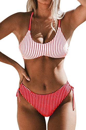 CUPSHE Women's Back Braided Straps Reversible Bottom Strappy Lace Up Bikini Sets, S Blue Stripe