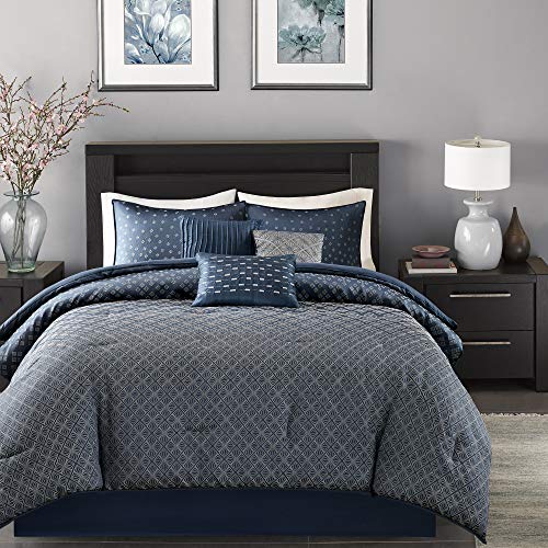 Madison Park Biloxi Jacquard Comforter Set - Modern Geometric Design, All Season Down Alternative Cozy Bedding with Matching, Shams, Decorative Pillow, King(104'x92'), Ombre Navy 7 Piece