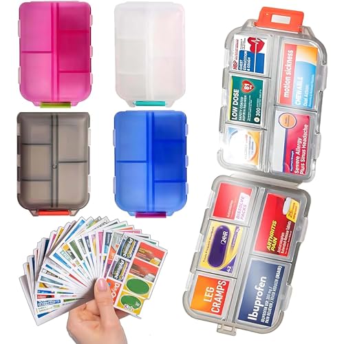 4 PCS Pill Organizer with Medicine Labels 146 x 4 Labels Travel Daily Pill Container Mini Medication Organizer Storage Pill Organizer Travel Essentials Pill Case 7 Day Pill Organizer