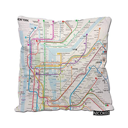 Nicokee Cotton Linen Pillow Covers New York Subway Map Throw Pillow Covers Cases for Couch Sofa Bed Home Decor 18 X 18 Inches