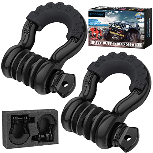 TICONN 2 Pack D Ring Shackle with 7/8' Screw Pin 57,000Ibs Break Strength, 3/4' Heavy Duty Shackles with Isolator & Washers for Tow Strap Winch Off Road Vehicle Recovery (Black)