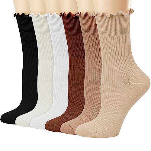 Mcool Mary Crew Socks Ruffle Turn-Cuff Dress Socks Casual Cotton Knit Warm Comfy Lettuce High Ankle Socks For Women 6 Pack