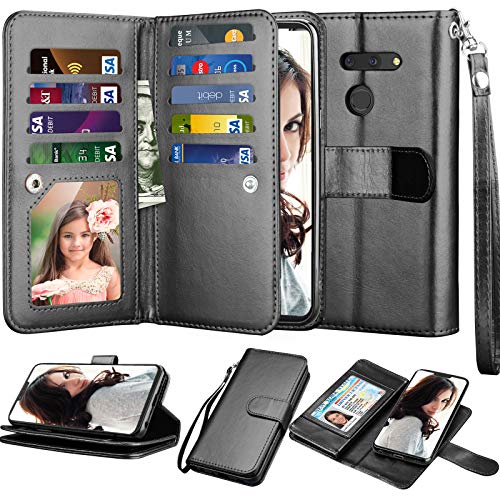 NJJEX Compatible with LG G8 ThinQ Case/LG G8/ LG G8 ThinQ Wallet Case, [9 Card Slots] PU Leather ID Credit Holder Folio Flip Cover [Detachable][Kickstand] Magnetic Phone Case & Wrist Strap [Black]