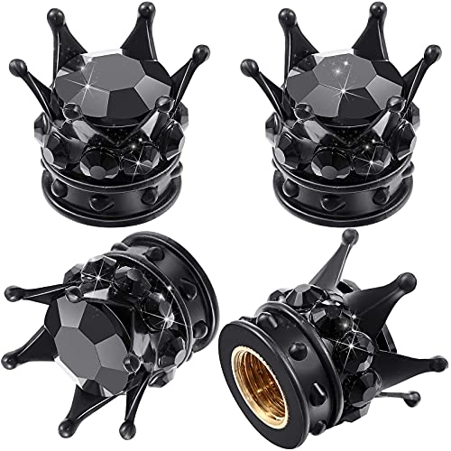4 Pieces Crown Tire Valve Stem Caps Bling Handmade Crystal Rhinestone Universal Chrome Crown Vehicle Car Tire Caps Covers, Attractive Accessories for Car (Black)