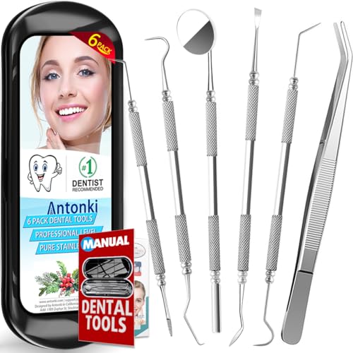 Antonki Dental Cleaning Tools, Dental Hygiene Kit, Teeth Cleaning Tools, Metal Dental Picks, Plaque Remover for Teeth, Stainless Steel Professional Tooth Tartar Scraper for Home Use - with Case