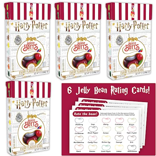 Jelly Belly Harry Potter Jelly Beans - Harry Potter Candy for Harry Potter Gifts & More - 1.2 oz. Bertie Botts Every Flavored Beans (4 ct) + Gaudum Bertie Bott’s Jelly Bean rating cards (6 ct)