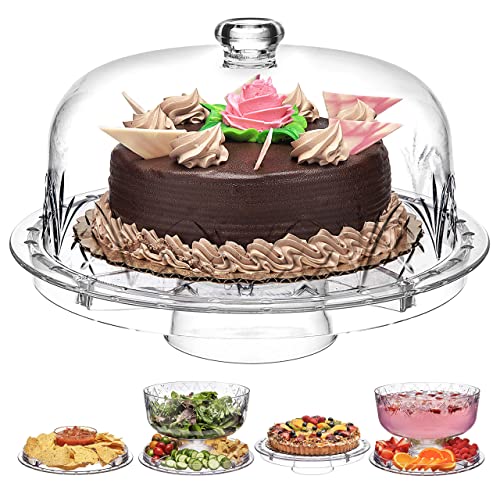 Godinger 6 in 1 Cake Stand and Serving Plate Platter with Dome Cover, Multi-Purpose Use, Shatterproof and Reusable Acrylic - Dublin Collection