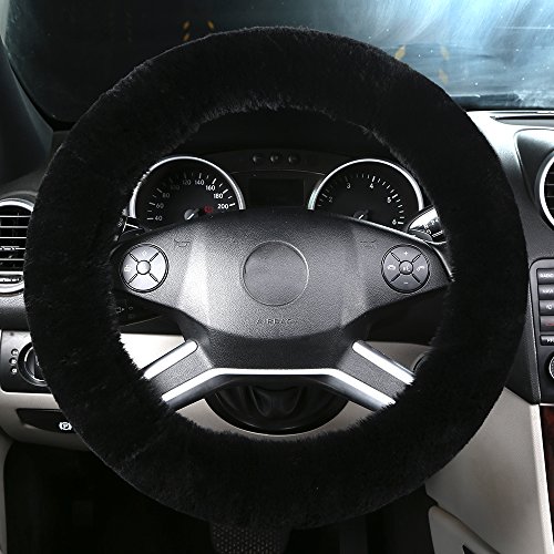 Fluffy Wool Sheepskin Fuzzy Black Car Steering Wheel Cover for Universal Auto Steering Wheel 14 1/2-15 1/2inch, Anti-Slip, Soft Plush, Comforting and Luxurious, Soft Texture (Black)
