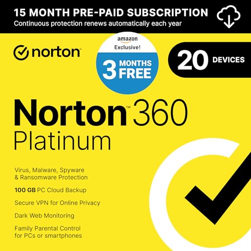 Norton 360 Platinum 2024, Antivirus software for 20 Devices with Auto Renewal - 3 Months FREE - Includes VPN, PC Cloud Backup & Dark Web Monitoring [Download]