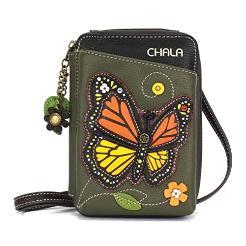 CHALA Wallet Crossbody Cell Phone Purse - Women Faux Leather Multicolor Handbag with Adjustable Strap - Monarch Butterfly - olive