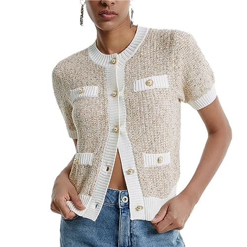 URBAN REVIVO Women's Short Sleeve Button Down Cropped Cardigans Sweater Crew Neck Rib Elegant Knitted Tops Multicolor