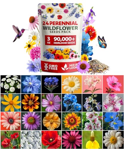 HOME GROWN 90,000+ Wildflower Seeds - Bulk Perennial Wild Flower Seeds Mix - 3oz Flower Garden Seeds for Attracting Bees, Birds & Butterflies - 24 Variety Plant Seeds for Outdoor Garden