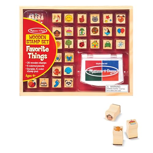 Melissa & Doug Wooden Stamp Set, Favorite Things - 26 Stamps, 4-Color Stamp Pad With Washable Ink For Art Projects For Kids Ages 4+