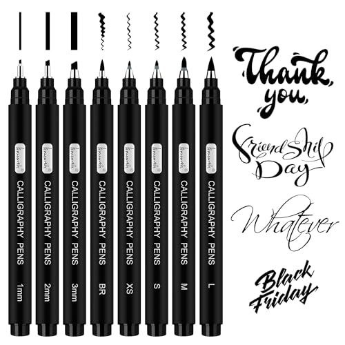 Brusarth Calligraphy Pens, 8 Size Calligraphy Pens for Writing, Brush Pens Calligraphy Set for Beginners, Hand Lettering Pens, Brush Markers Set, Black Ink Drawing Pens