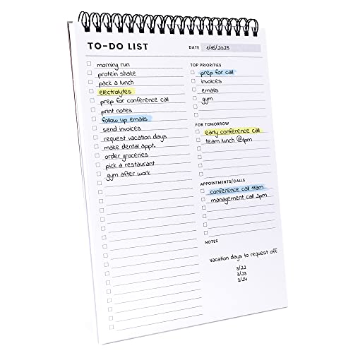 To Do List Notepad: With Multiple Functional Sections - 6.5 x 9.8' 60 Sheets - Spiral Daily Planner Notebook - Task CheckList Organizer Agenda Pad for Work - Note and Todo Organization