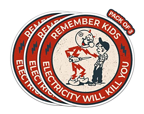Imperial Vibes | Remember Kids Electricity Will Kill You Sticker Reddy Kilowatt Warning Caution Funny Stickers 3 Pack Decal for Electrician Hard Hat Laptop Water Bottle Car Helmet Packs, White, 3inch