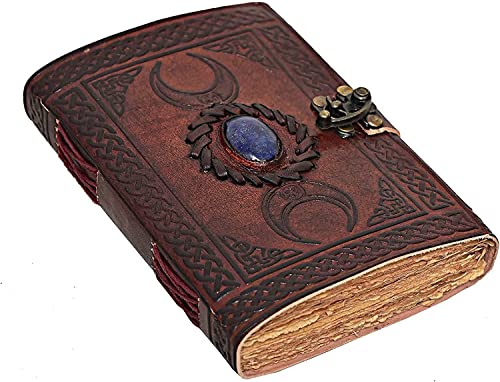 cuero 3 Moon Blue Lapiz Embossed Vintage Leather Journal | 240 Pages of Antique Handmade Deckle Edge Vintage Paper, Leather Sketchbook, Drawing Journal, Great Gift (7 inch by 10 inch, brown)