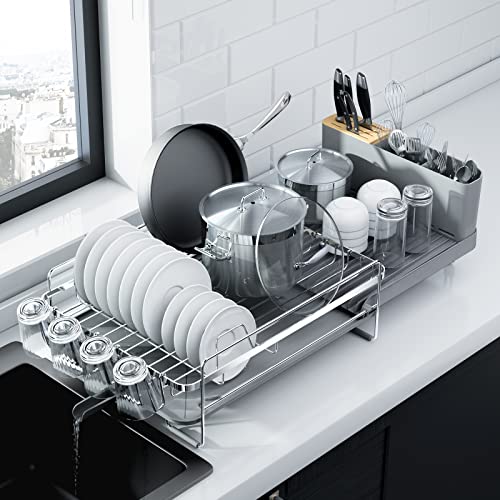 Kitsure Large Dish Drying Rack - Extendable Dish Rack, Multifunctional Dish Rack for Kitchen Counter, Anti-Rust Drying Dish Rack with Cutlery & Cup Holders 27' L x 12.9' W, Silver