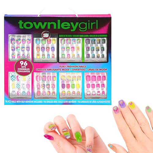 Townley Girl 96 Pcs Press-On Nails Including 3D and Glow-In-Dark Artificial False Nails Set for Tweens with Pre-Glue Full Cover Acrylic Nail Tip Kit, Great for Gifts, Parties, Sleepovers and Makeovers