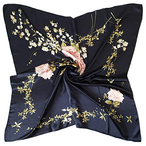vabovin 35 inches Large Satin Square Silk Feeling Hair Scarf Wrap Headscarf For Women (Navy Blue Peony Flowers)
