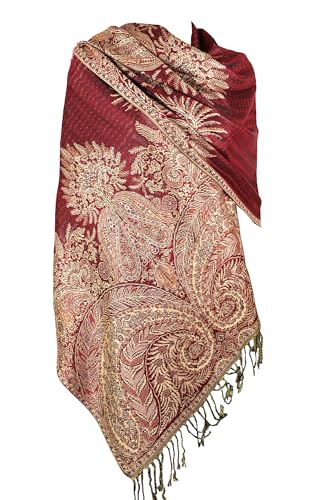 Achillea Luxurious Big Paisley Jacquard Layered Woven Pashmina Shawl Wrap Scarf Stole (Burgundy)