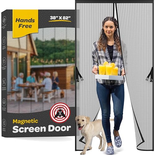 Magnetic Screen Door, Hands-Free Kid/Pet-Friendly Walk Through - Self Magnetic Closure Screen Door Mesh, Stay-Open Option with Buckles - Keeps Bugs Out Lets Breeze in, Fits Door Size (38' x 83')