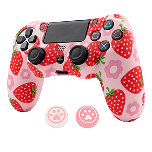 RALAN Pink Controller Skins for PS4, Fruit Silicone Controller Cover Skin Protector Compatible /PS4 Slim/PS4 Pro Controller with 2 Cute Thumb Grips Caps