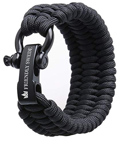 The Friendly Swede Trilobite Extra Thick Paracord Bracelet with Stainless Steel Black Bow Shackle, Survival Bracelets, Paracord Bracelets for Men - Adjustable Size - Black - Small Fits 6-7' Wrists