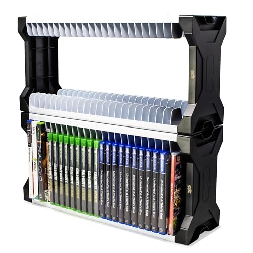 ADZ Universal Game Holder – 46 Game Storage Tower Rack for PS2 PS3 PS4 PS5 PSP Xbox 360 Xbox One Series X Wii Switch Games DVD and Blu-Ray Disks. Includes 2 Controller Mounts