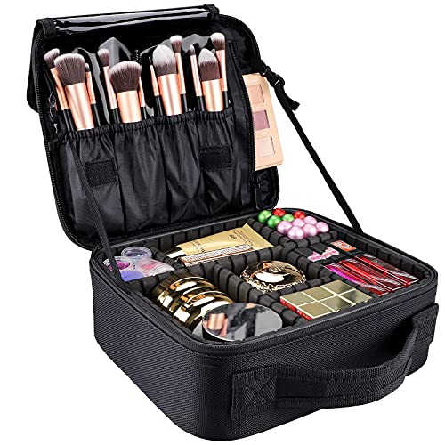 gzcz Travel Makeup Bag 10.4 Inches Makeup Train Case Portable Artist cosmetic bag with Adjustable Dividers for Cosmetics Makeup Brushes Toiletry Jewelry Digital Accessories Black