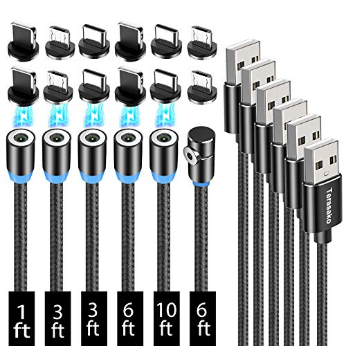 Terasako Magnetic Charging Cable 6-Pack [1ft/3ft/3ft/6ft/6ft/10ft], 3 in 1 Nylon Braided Magnetic Phone Charger, Compatible with Micro USB, Type C, iProduct and Most Devices