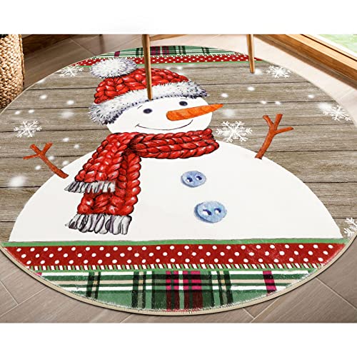 Ileading Funny Christmas Snowman Round Area Rugs, 4ft Super Soft Non Slip Cute Snowflake Sofa Circle Carpets Winter Christmas Tree Decor Mat, Low-Pile Throw Runner for Living Room Bedroom Nursery
