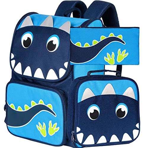 UFNDC 3PCS Dinosaur Backpack, 15' Boys Bookbag with Lunch Box, Kids School Bag for Elementary Preschool Toddler